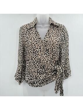 VTG Anne Carson Silk Animal Print Wrap Top Size S Brown Old Money Mob Wife